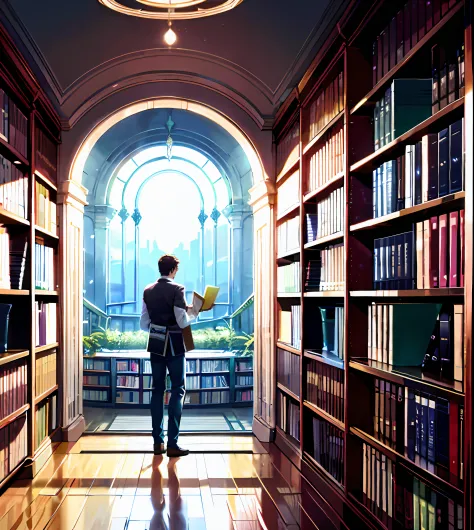 arafed image of a man standing in a library with books, endless books, borne space library artwork, books cave, fantasy book ill...