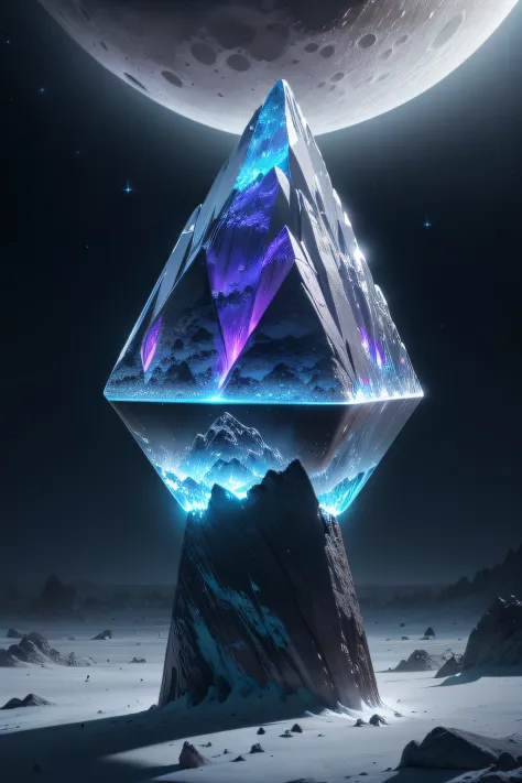 /imagine prompt: On a distant moon, colossal crystals rise from the lunar surface, reflecting the light of distant stars, a cosmic spectacle that unveils the beauty and mysteries of the universe, 3D, surreal rendering with intricate crystal structures, --a...