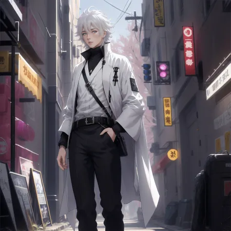 tmasterpiece，Anime lifestyle in general，Urban anime characters in white coats and black pants, A boy with，Boy characteristics，( ( wearing a long coat ) ), official character illustration, white haired Cangcang, from girls frontline, From Arknights, officia...