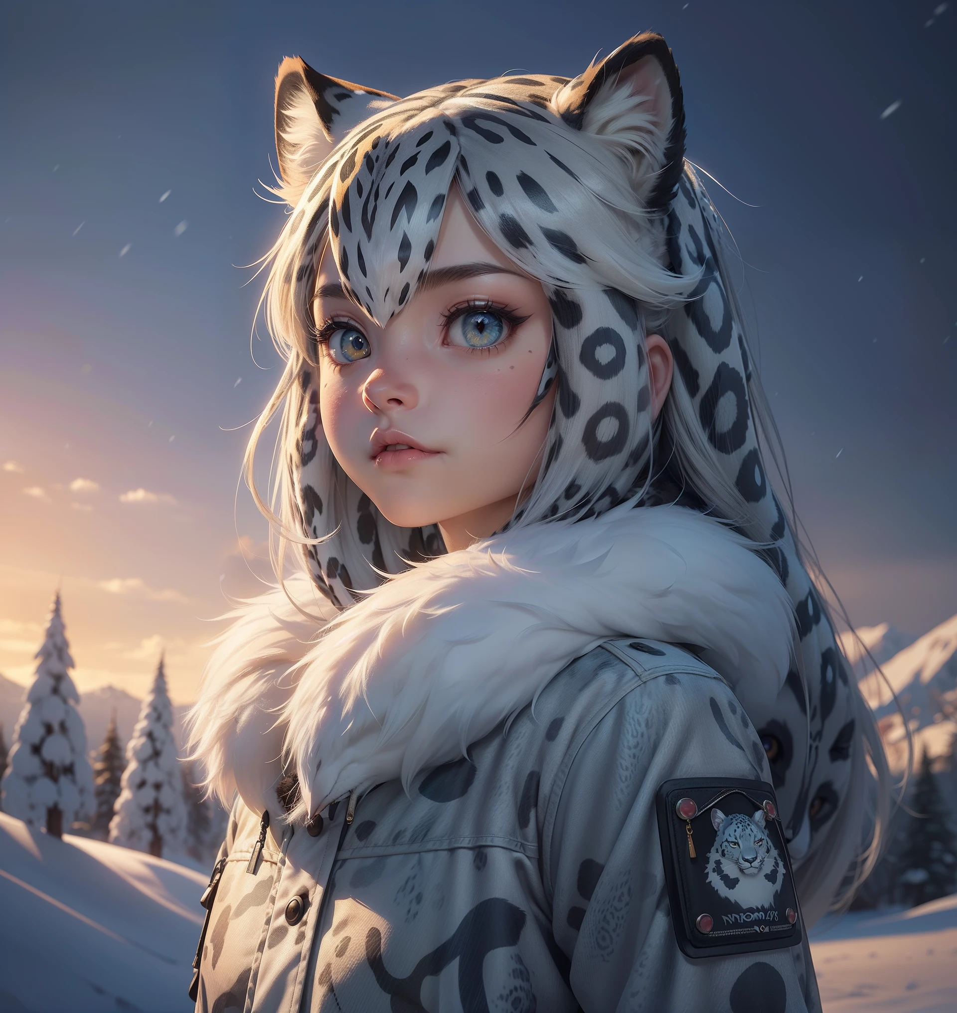 téléchargé sur e621, (kemono, anime anthro, anime poilu), (female anthro neige leopard), jeune adulte, Magnifique, modèle photo, visage ultra mignon, visage innocent, espiègle, museau, fourrure douce et moelleuse, (texture détaillée de la fourrure moelleuse:1.1), Fourrure réaliste, simulation de fourrure, (cheveux, unique cheveuxstyle, frange unique, Frange unique:1), croc mignon, neige, hiver, hiver jacket, (portrait en pied, debout), Beaux yeux, paysage, seulement, (meilleure qualité, haute qualité:1.4), contexte détaillé, (hdr, éclairage volumétrique, bel ombrage, RTX:1.2), (cg, illustration animée réaliste:1), (style artistique fantastique, tendance sur artstation:1.1), (style pixar, style disney, ultra détaillé, Fourrure réaliste simulation, art réaliste:1.2)