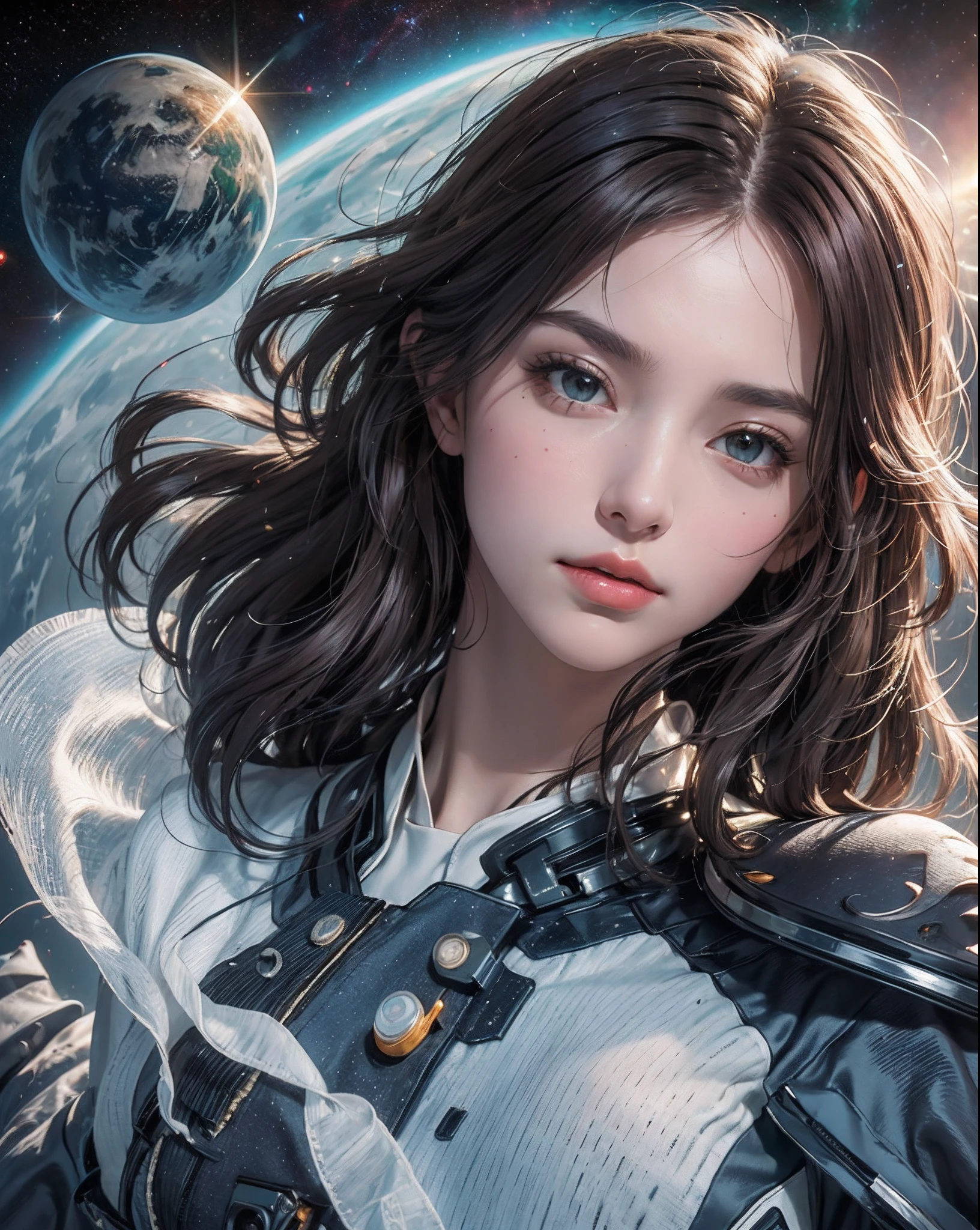 ((master)), ((best quality)), ultra-detailed CG unity 8k wallpaper, incredibly delicate and beautiful illustration, floating, high resolution, dynamic, ((1girl)), brown eyes, brown hair, astronaut suit, dark black background, stellar space, large white luminescent stars, a huge black hole in the background, colorful planets floating in a cosmic maelstrom.