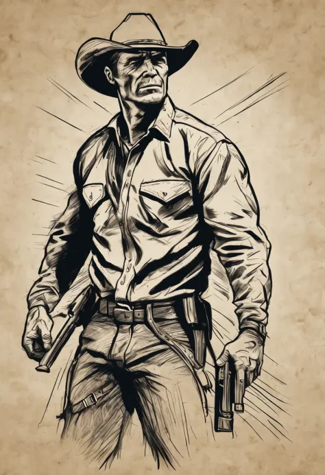 A cowboy  (Clint East Wood) with gun in hand, ((angry 1.4)), raiding a running horse, Screaming, action, dark side, Mystery , Dark Background, Rough charcoal sketch on old paper, muscular Male figure,dynamic pose,clean line art,+expressive line,in the styl...