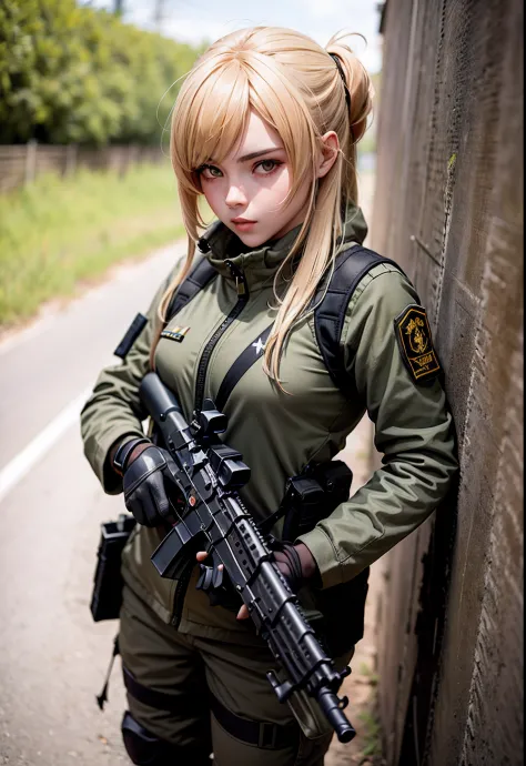 Garota em camuflagem segurando um rifle e andando em uma estrada de terra, menina soldado mecanizado, menina da infantaria, meni...