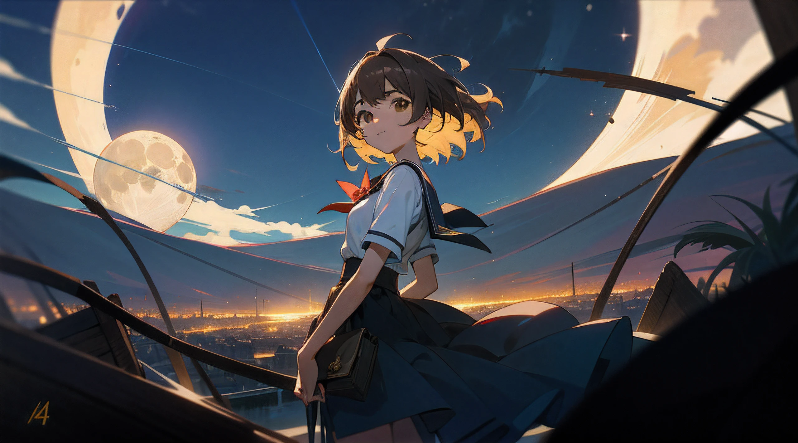 Anime girl standing on a hill looking at the moon - SeaArt AI