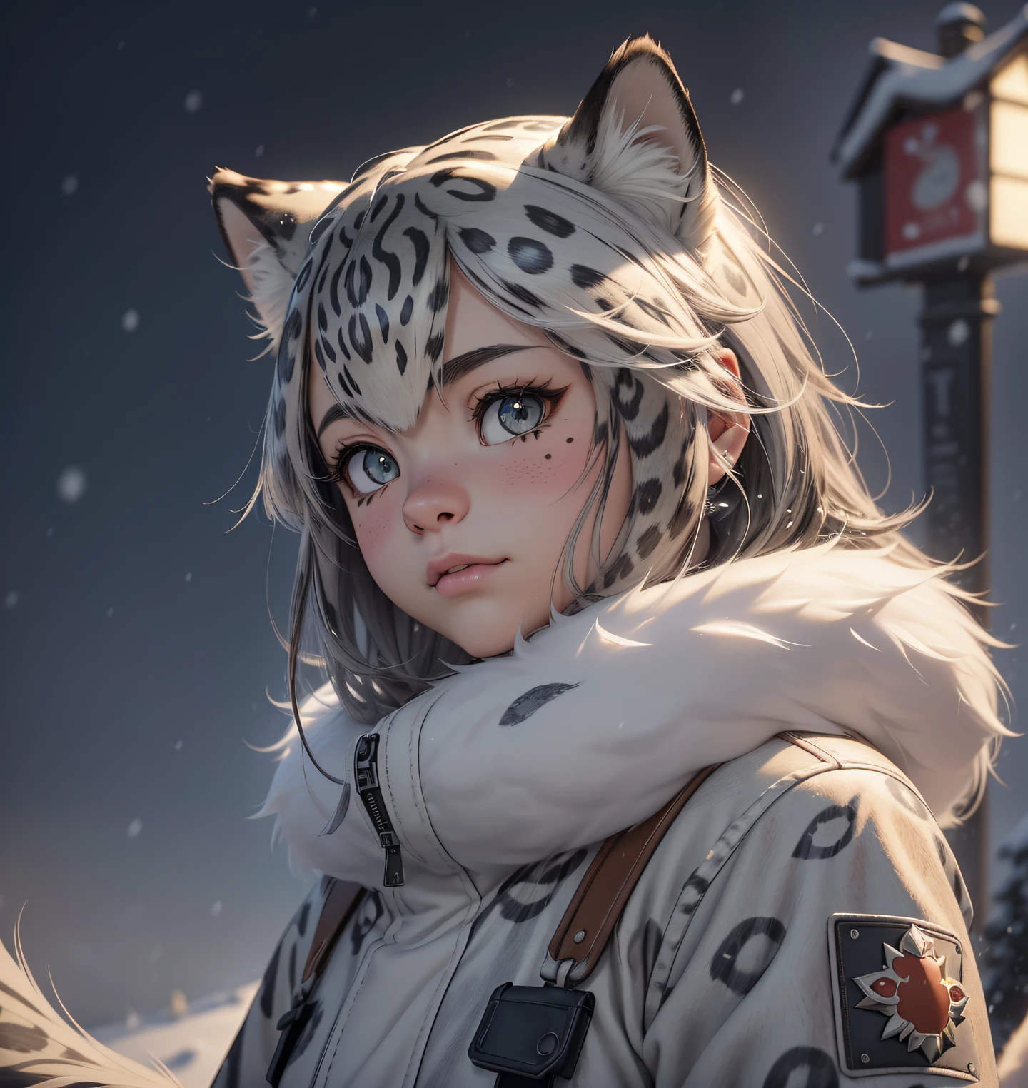 uploaded on e621, (kemono, anime anthro, anime furry), (female anthro snow leopard), young adult, gorgeous, photo model, ultra cute face, innocent face, playful, snout, soft and fluffy fur, (detailed fluffy fur texture:1.1), realistic fur, fur simulation, (hair, unique hairstyle, unique fringe, unique bangs:1), cute fang, snow, winter, winter jacket, (full-length portrait, standing), beautiful eyes, scenery, solo, (best quality, high quality:1.4), detailed background, (HDR, volumetric lighting, beautiful shading, rtx:1.2), (CG, realistic anime illustration:1), (fantasy artstyle, trending on artstation:1.1), (pixar style, disney style, ultra detailed, realistic fur simulation, realistic art:1.2)