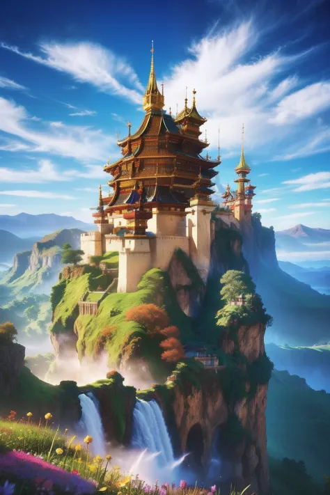 pixel game《dragon quest》，Game character design，（cavalier：1.4），European castles，Thick clouds，surrounded by cloud，16-bit pixel art