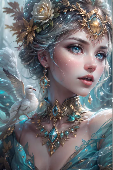 This is a realistic fantasy artwork taking place in a subzero cold winter landscape. Generate a stately, elegant, and graceful Pocahontas elf in a magical world of stunning gilded roses with multicolors and shimmering ice glittering in the light. Her face ...
