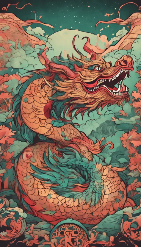 Best quality, chinesedragon，glimmering, , 2D, flat, Adorable, Vintage, Art on cracked paper, fairytale-like, Detailed illustration of the storybook, Cinematic, hyper HD, detaile, Beautiful details, mistic, Luminism, Vibrant colors,