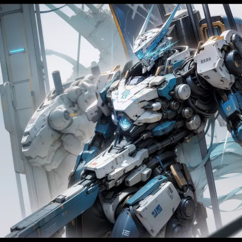 Seaside mech warrior，A huge mech，White mechanical body，Blue expansion parts are rarely distributed，Mostly white，Shines with a metallic sheen，Tighten mech distribution，There is a blue energy core on the chest，Handsome and contemptible