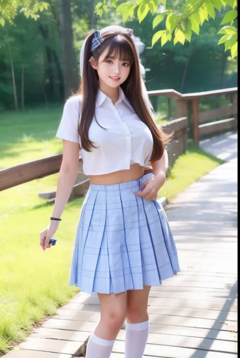 A woman in a white shirt and blue skirt standing in a park - SeaArt AI