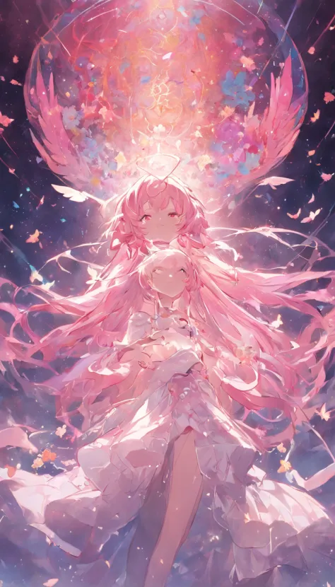 tmasterpiece，Best quality at best，1girl，Be a little round， Round God，独奏，The pink hair ends gradually become transparent，transparent wings，White headband headdress，Long hair and double ponytail，ssmile，mitts，a white long skirt，Lie asleep on your side with yo...