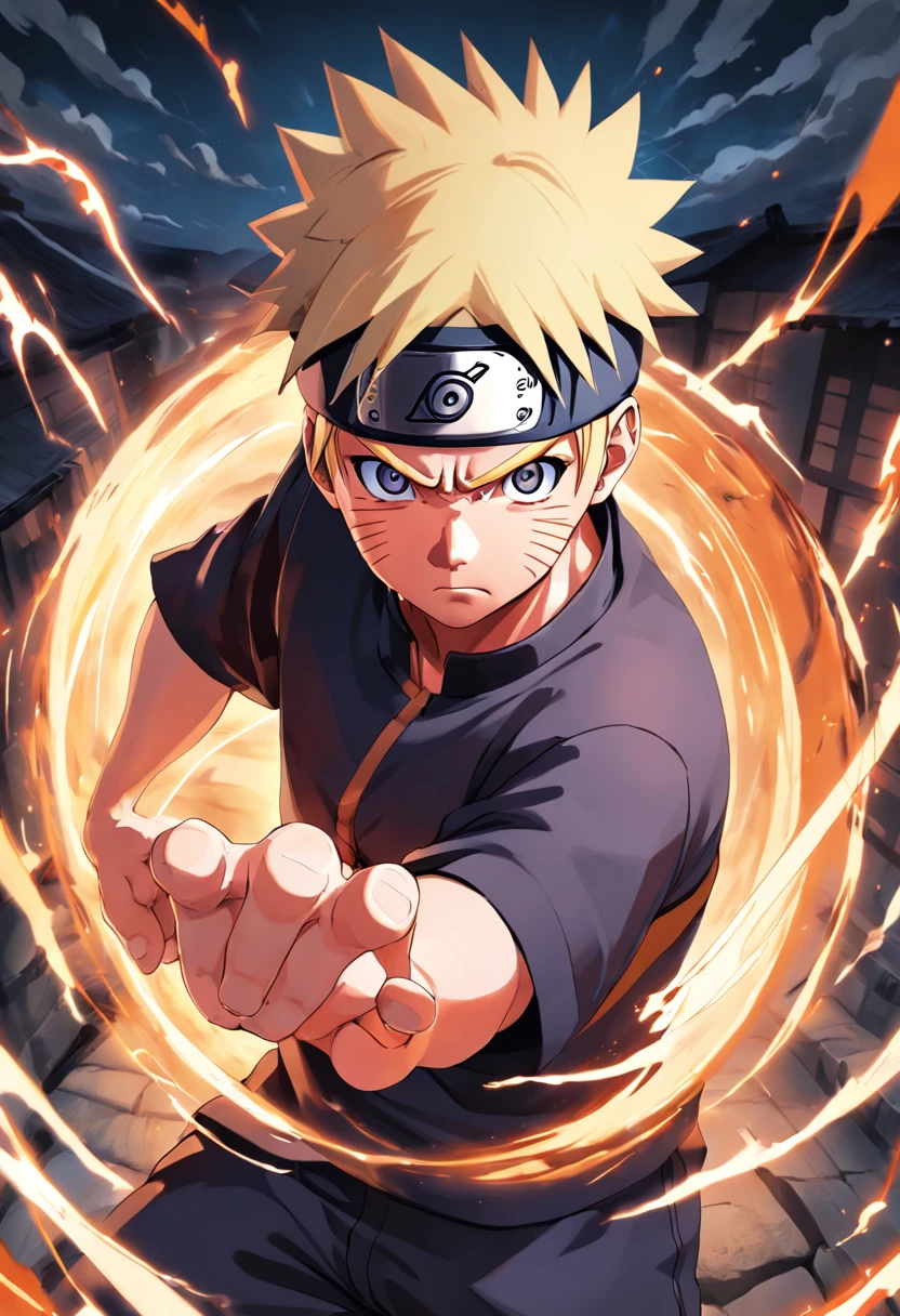 An incredibly detailed illustration of Naruto Uzumaki using his rasengan technique, Combat Position, incredible details, sombras perfeitas, Dynamic background, estilo de desenho hiper-realista.