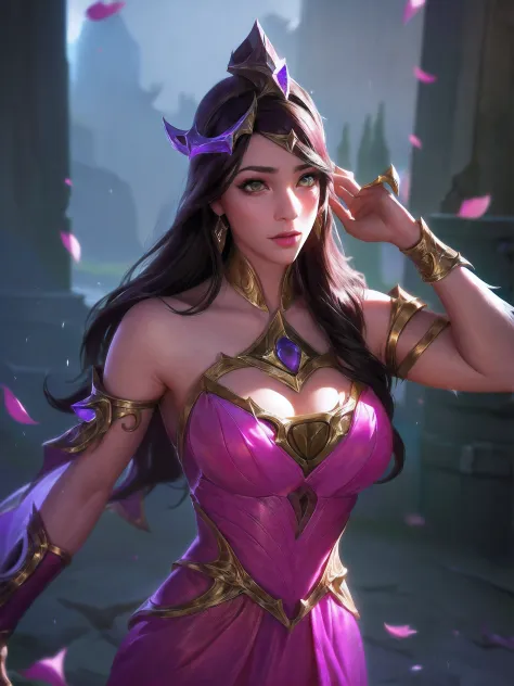 (League of Legends:1.5), 1girll, Long hair, Solo, dress, petals, hair adornments, Pink dress, Brown hair, Bare shoulders, Black hair, Very long hair, light yarn, jewelry, See-through, Bare shoulders
High resolution,An extremely delicate and beautiful,Huge_...