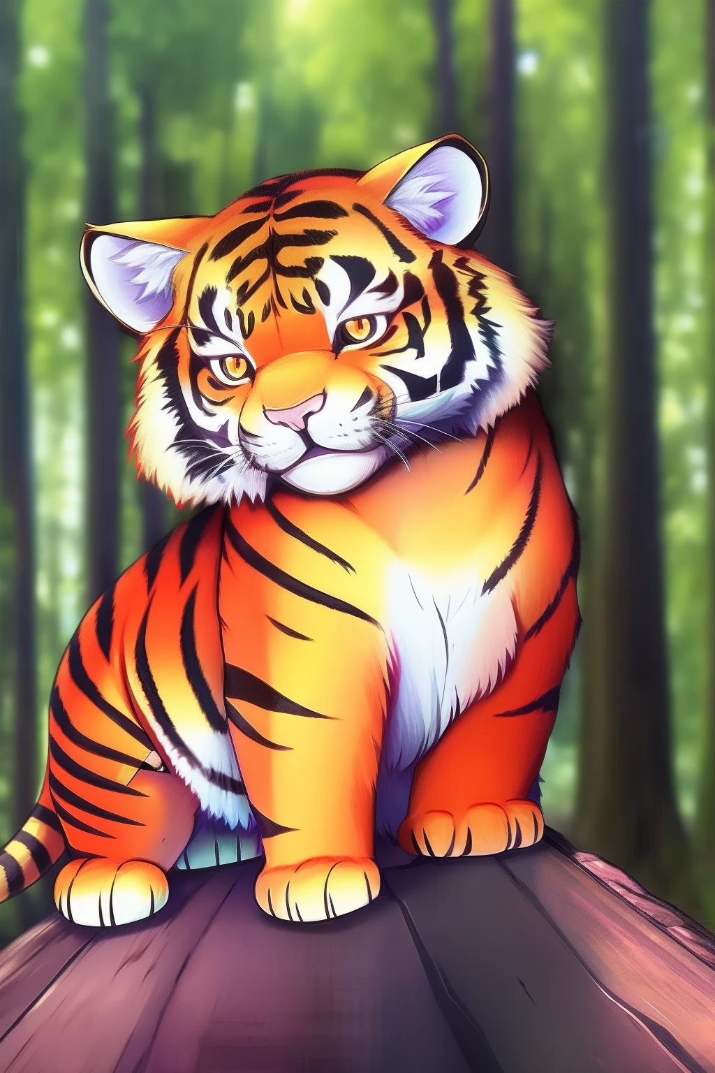 Colorful cute little tiger in magical forest, largeeyes, Render in ultra-realistic detail, Sharp, High-quality details, 85mm