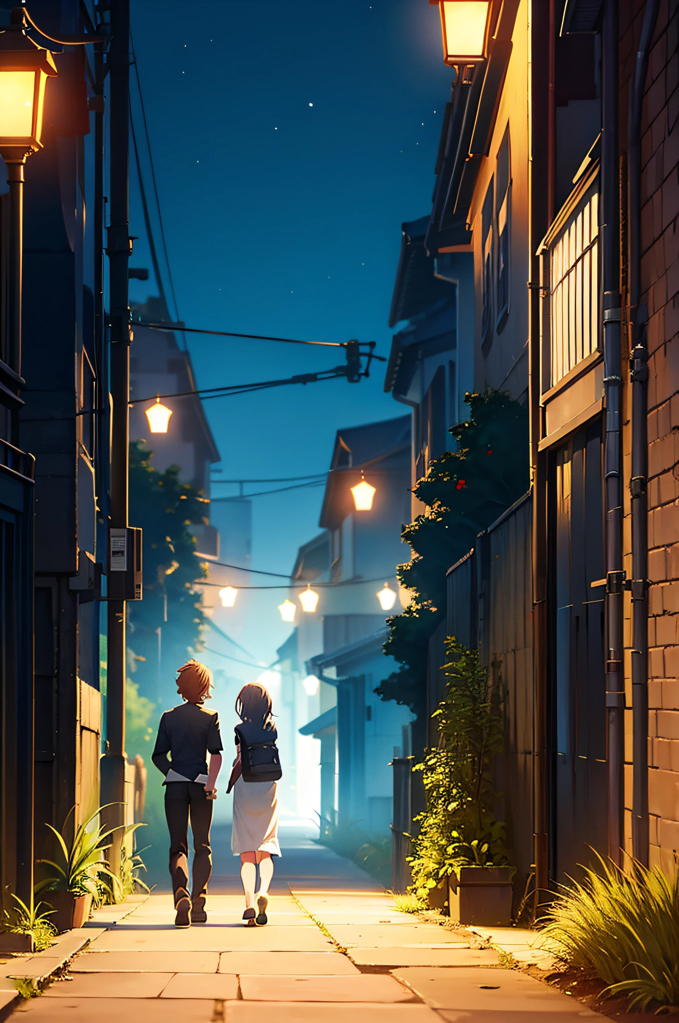 An alley，Evening moment，Two bicycles were parked on the side of the road，There are several trees，The picture is romantic，Anime alley view