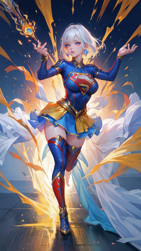 Game character, East Asian original art character design, 1girll, Solo,[:(Gradient background:1.5):40],full bodyesbian, Big breasts, Supergirl costume dress