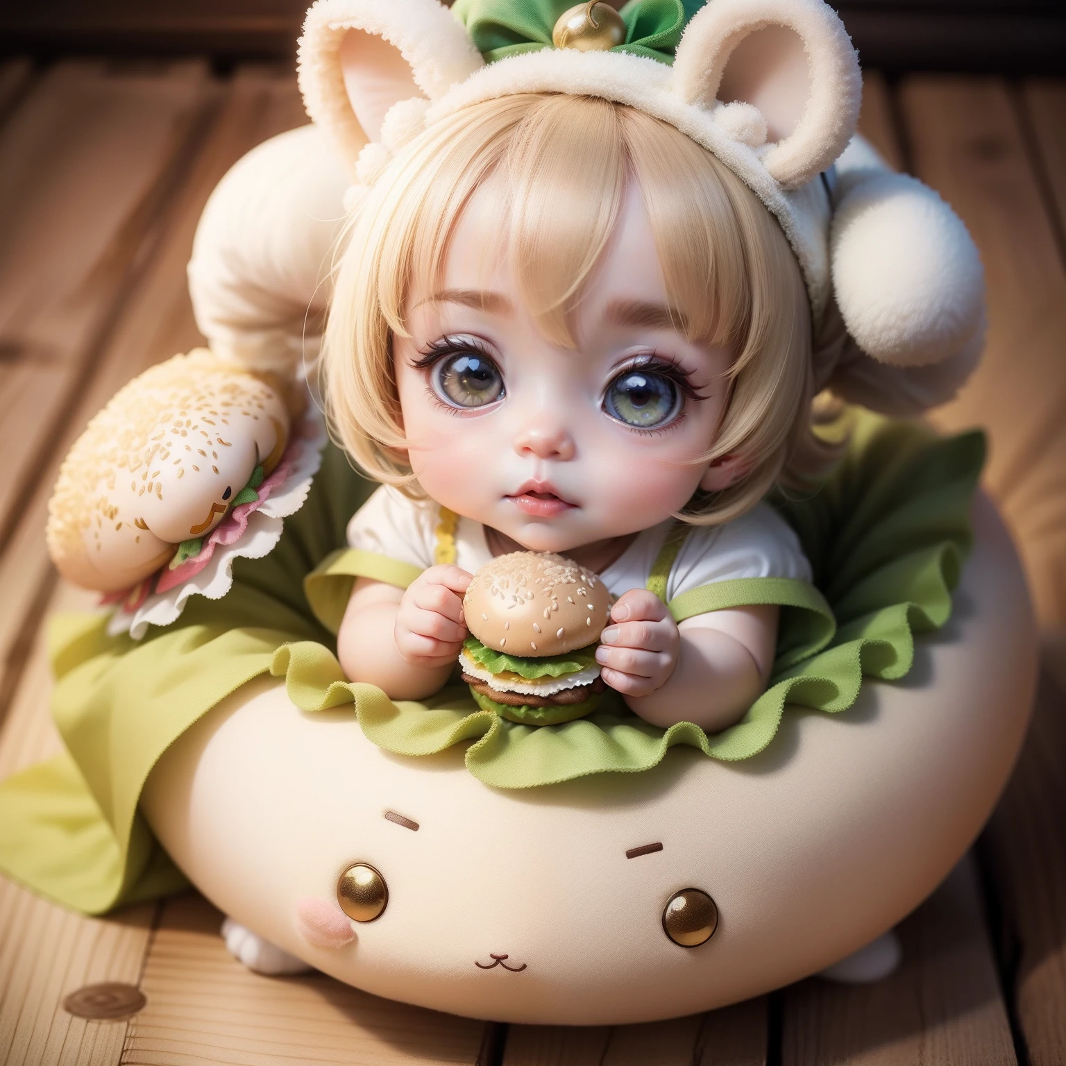 There is a doll that is sitting on a donut with a stuffed animal - SeaArt AI