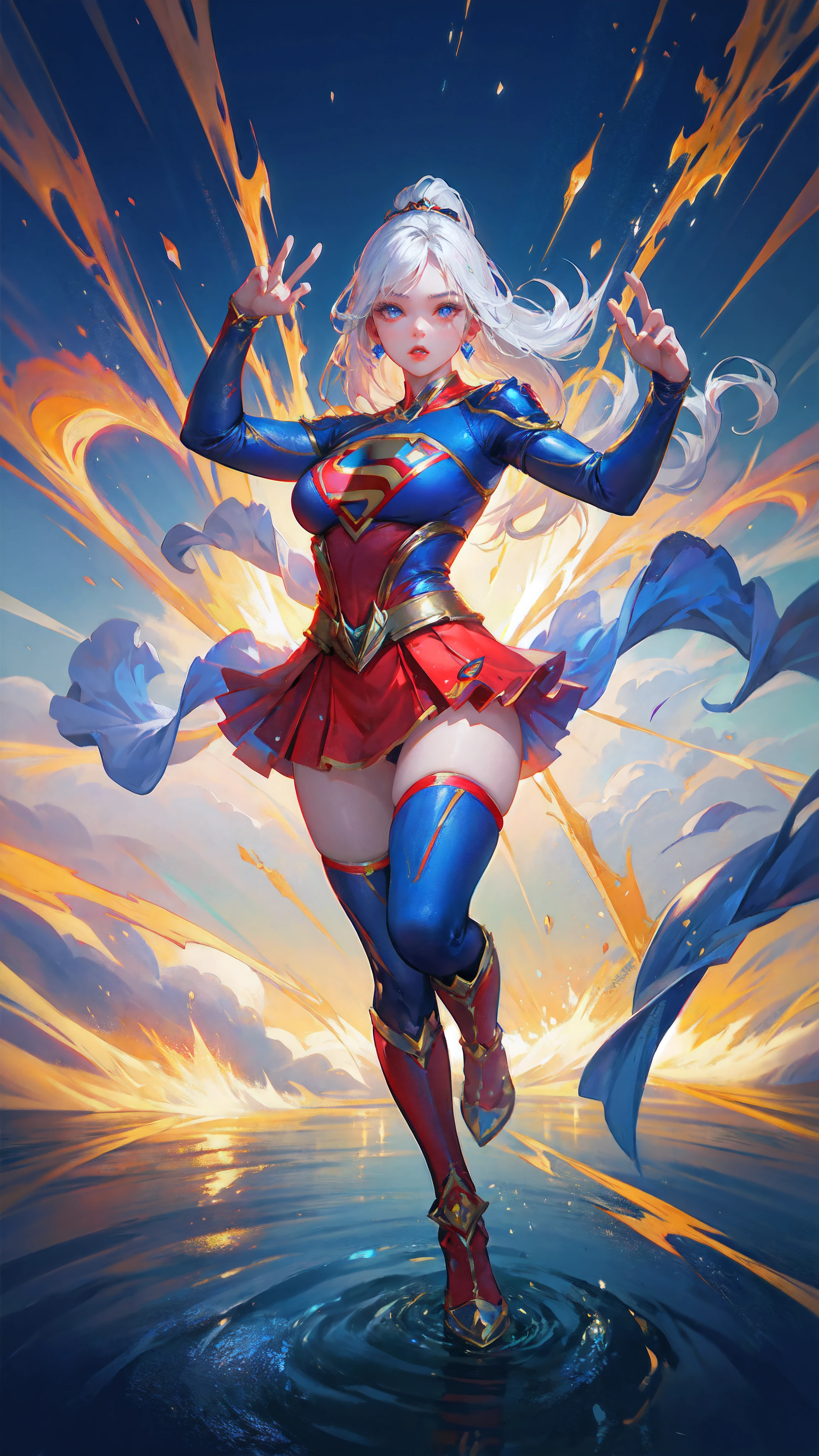 Game character, East Asian original art character design, 1girll, Solo,[:(Gradient background:1.5):40],full bodyesbian, Big breasts, Supergirl costume dress