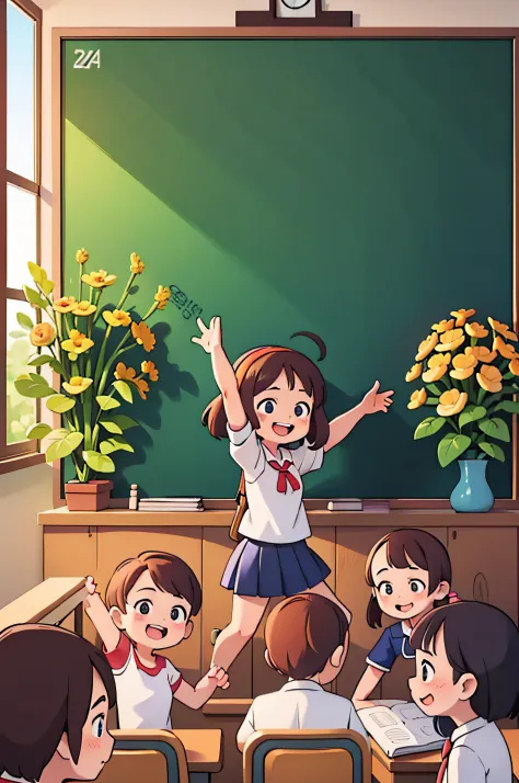 inside a classroom, Teacher and 4 students take a happy group photo，blackboards，classroom desk，fresh flowers