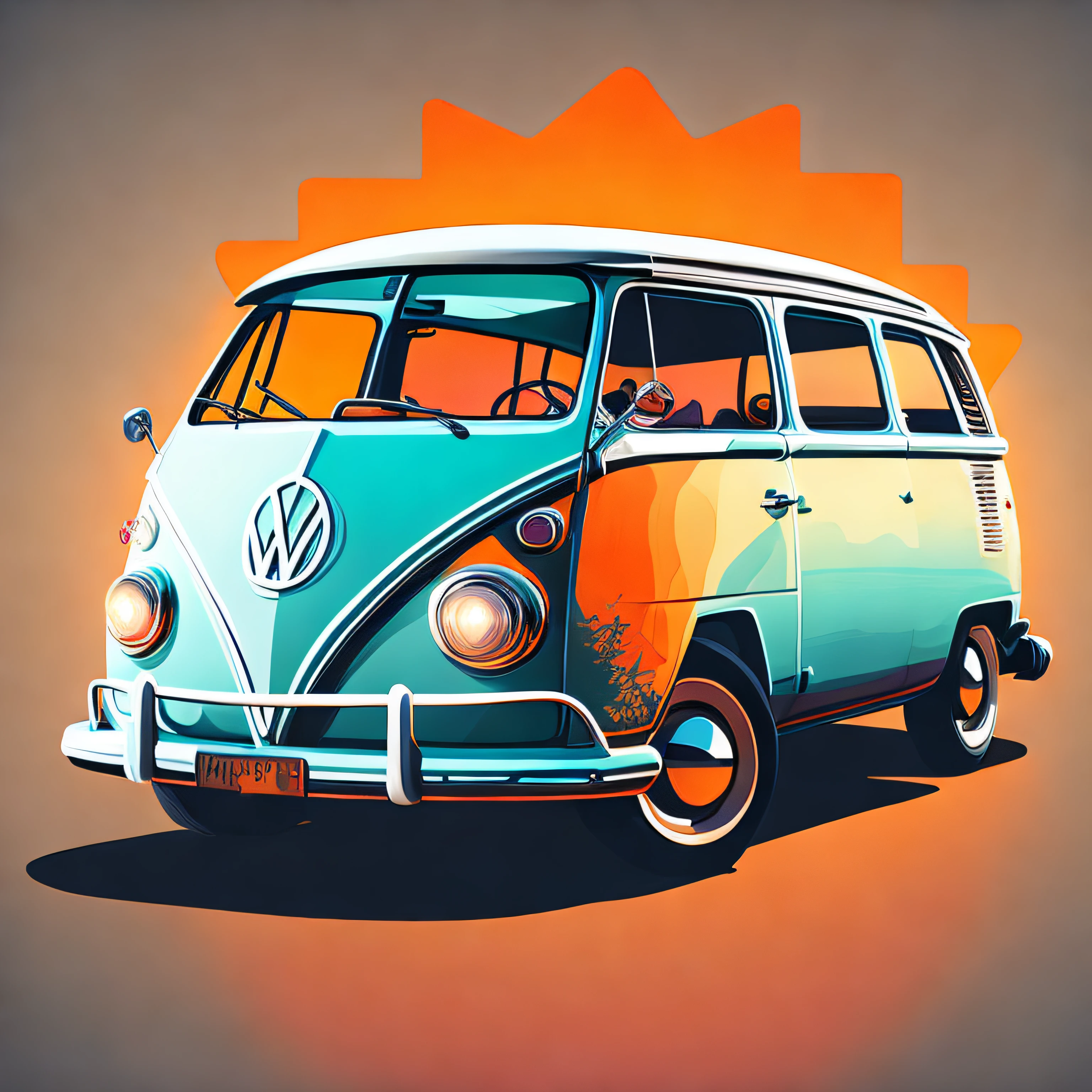 A close up of a van with a sun in the background - SeaArt AI