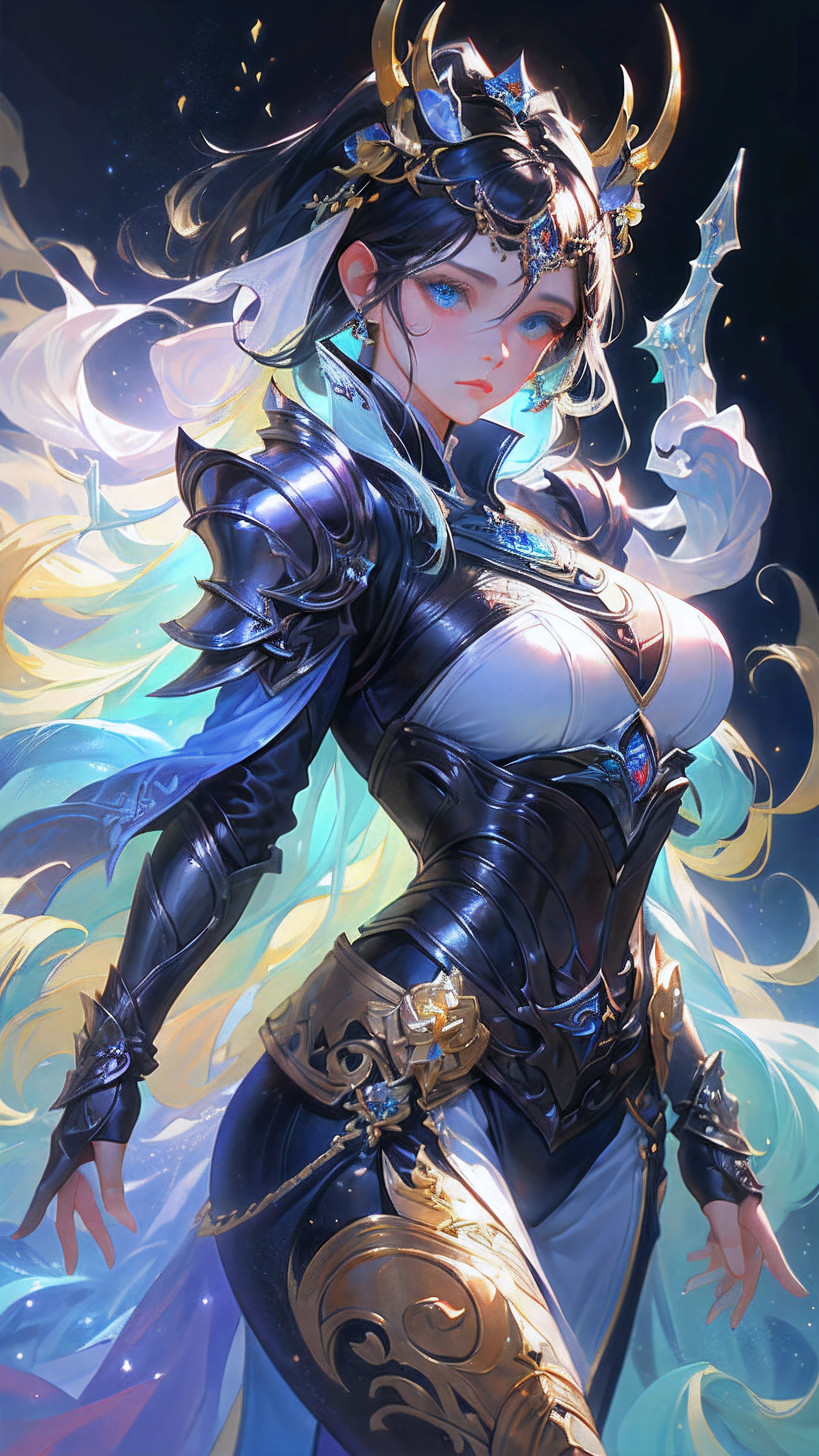 1girl, depth of field, official art, unity 8k wallpaper, ultra detailed, illustration, beautiful and aesthetic, masterpiece, best quality, knight, (big breasts), (milf, mature female), (black armor, armor, breastplate), beautiful face, (long hair, black hair,  very straight hair:1.4, hime cut:1.4), blue eyes, cowboy shot, glowing skin, back lighting, athletic figure, muscular female, curvy, wide hips, colorful, looking at viewer, Hyperrealistic, gradient background, dark background, outline, fantasy, from the front, watercolor, traditional media, (chromatic aberration, intricate details)