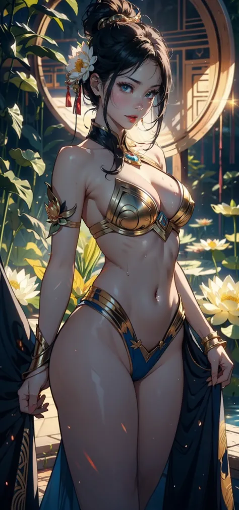 1female，36 years old，Bigchest，Raised sexy，Pornographic exposure， 独奏，（Background with：Surrounded by lotus flowers，bamboo forrest，Lotus pond，lotuses，lotus flower，china rose，rosette，chrysanthemums） She has short black hair，standing on your feet，Sweat profusel...