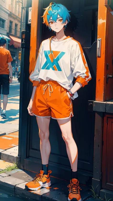 Teenage boy, (colored hair), beautiful, (street clothes, ((wearing shorts)), ((standing)), detailed, (colored hair), ((orange cl...