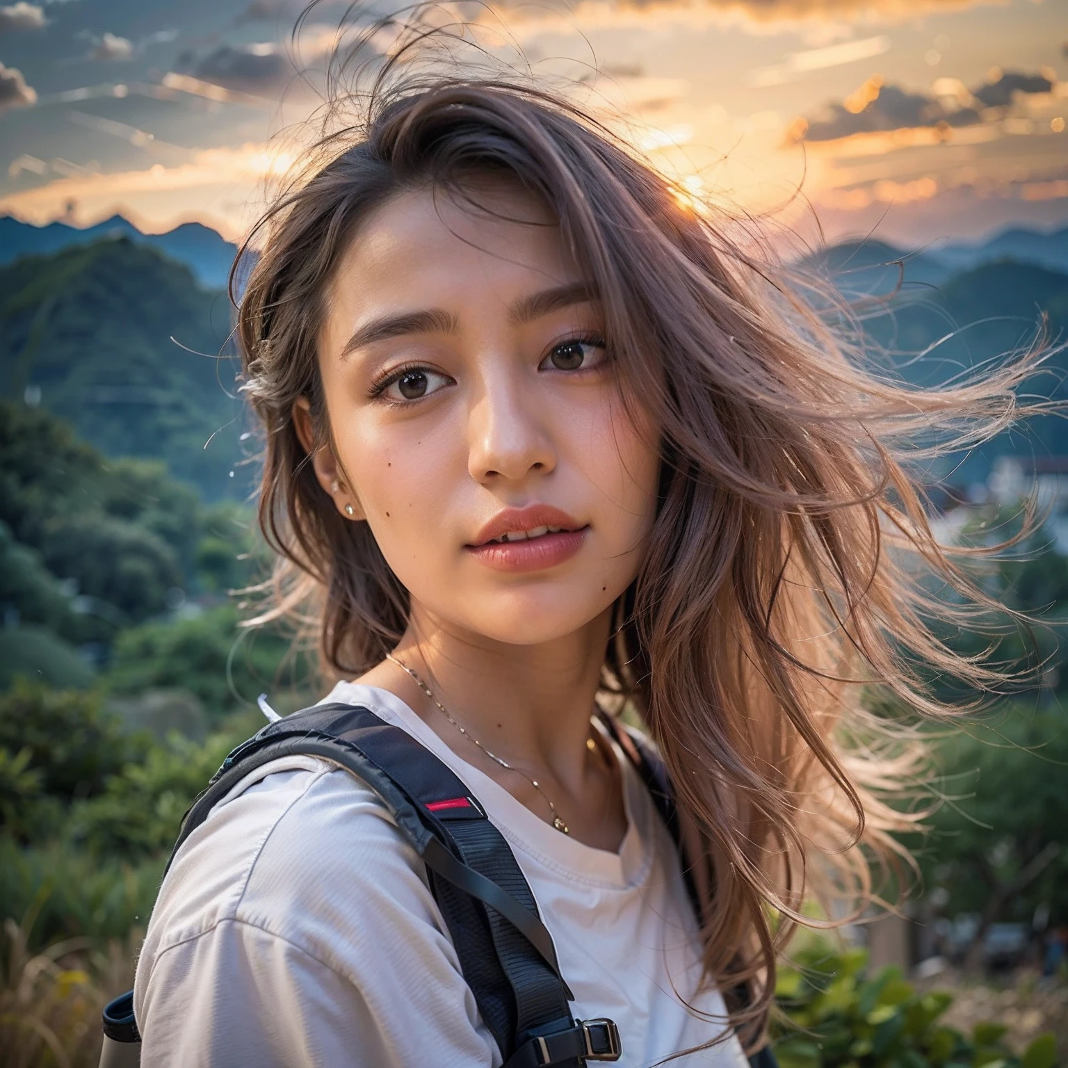 (最高品質, 超リアルな写真), 壮大な山頂, 雲海, 夕日を眺める女性, 自撮り, ((上半身)), 白いTシャツ, ハイキングショーツ, トレッキングブーツ, リュックサック,  (超繊細な顔, 非常に美しい作品, ハイパーディテールアイズ, 非常に繊細な鼻, 超繊細な口, 非常に詳細な顔の特徴), 美しい女性, 18歳