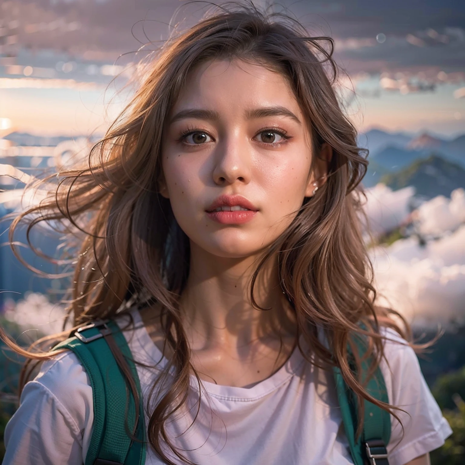 (Best quality, hyper realistic photography), Magnificent peaks, Sea of clouds, A woman watching the sunset, self-shot, ((Upper body)), White T-Shirts, Hiking shorts, trekking boots, rucksack,  (Super delicate face, Super beautiful production, hyper detail eyes, Super delicate nose, Super delicate mouth, Ultra-detailed facial features), Beautuful Women, 18yr old