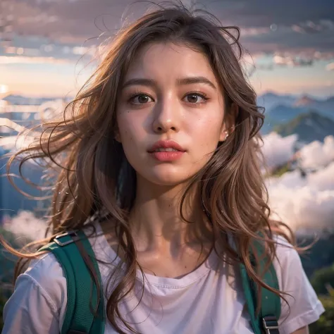 (Best quality, hyper realistic photography), Magnificent peaks, Sea of clouds, A woman watching the sunset, self-shot, ((Upper b...