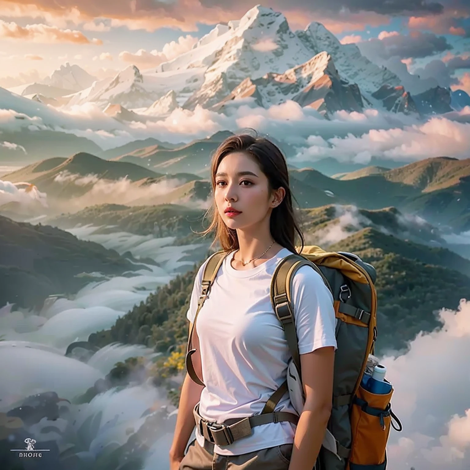 (Best quality, hyper realistic photography), Magnificent peaks, Sea of clouds, A woman watching the sunset, self-shot, ((Upper body)), White T-Shirts, Hiking shorts, trekking boots, rucksack,  (Super delicate face, Super beautiful production, hyper detail eyes, Super delicate nose, Super delicate mouth, Ultra-detailed facial features), Beautuful Women, 18yr old