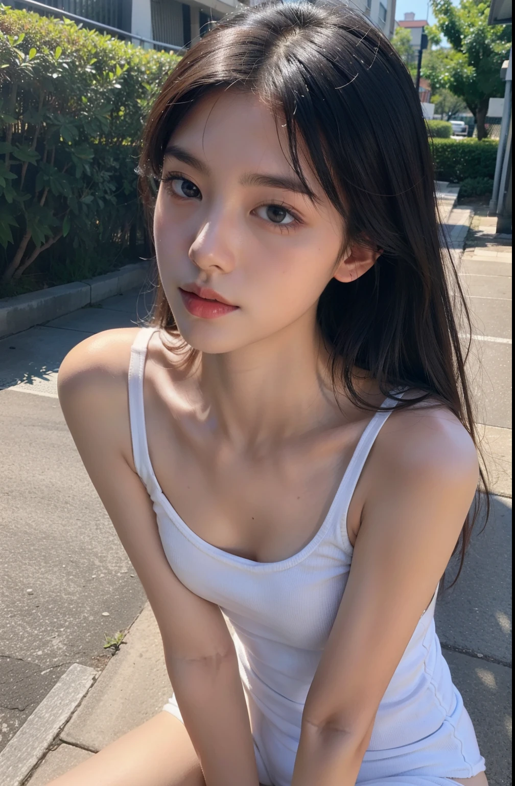 Neat college girl，A plump chest，(white long tanktop，white  panties)，Outside the sports field，(slim，small，plat，small)，Photo realism，the detail，skin textures，super detailing，delicate sexy collarbone，Put on a long face，The face is super thin，Thin lips，Thin eyes，double eyelid，on the floor on all fours，Sexy pose，Put on a long face