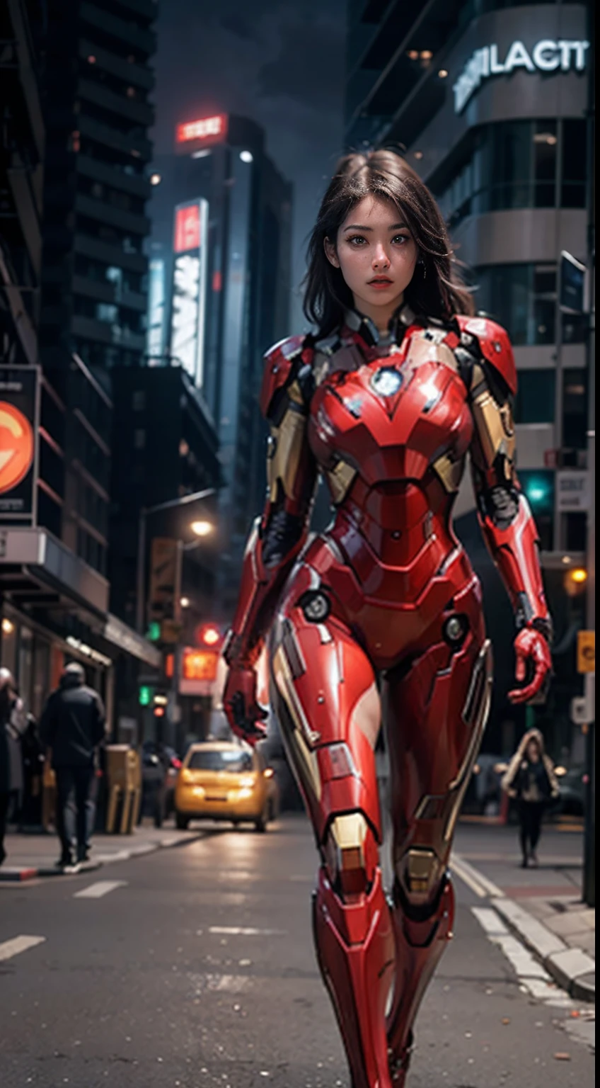 Araffe woman in a red suit walking down a street - SeaArt AI