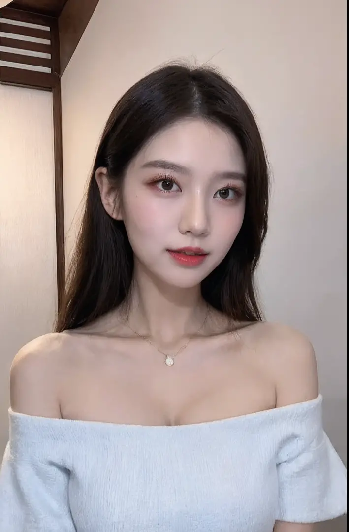 Beautiful and charming woman on fashion trends，Gentle and lovely, a beautiful woman in China，delicate sexy collarbone，Charming goose egg face，二重まぶた，Bright peach blossom eyes，Pink lips，Small upturned nose，Bare shoulders，Focus on the face，closeup of face，hyp...
