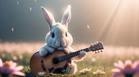 Close-up photo of rabbit playing an instrument，macro，clean backdrop，depth of fields，largeaperture，photography of，volume fog，Halo，blooms，Dramatic atmosphere，Sunny morning