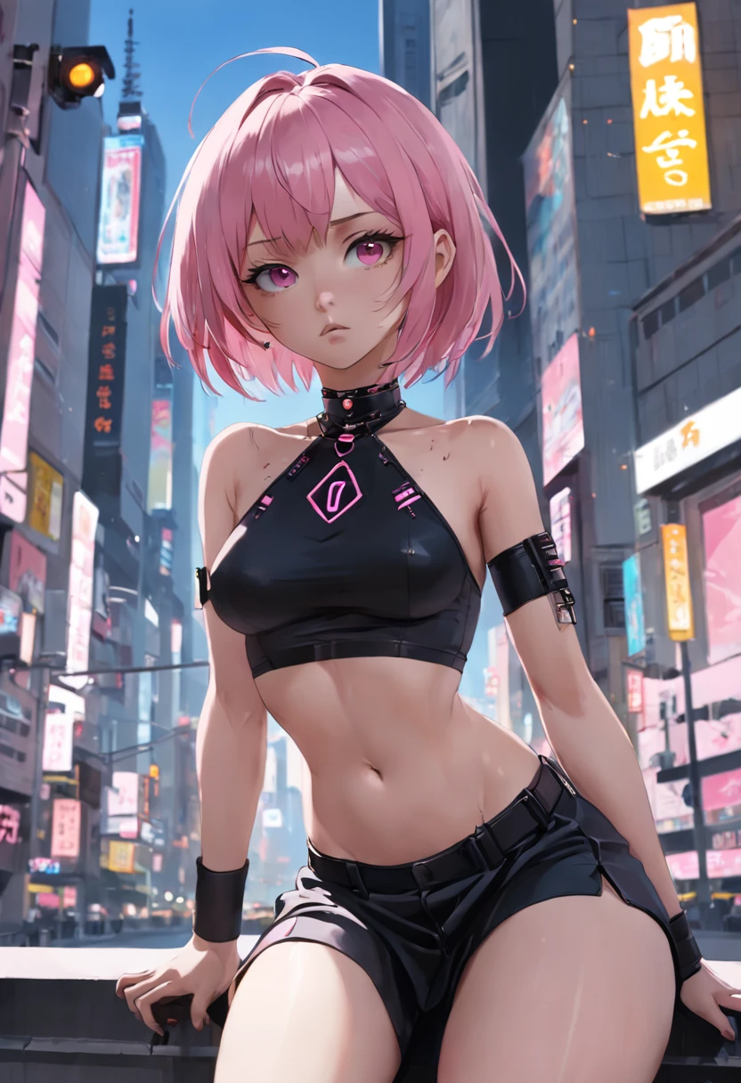 A woman with pink hair and a black shirt sits on a city street，Traffic light in background, Art germ, Anime art, Cyberpunk art of a, Photorealism, 1girll, bangs, Bare_bshoulders, black_choker necklace, Breasts, bridge, brown_Eyes, Building, choker necklace, City, Cityscape, crop_Top, jewelry, Looking_at_peeping at the viewer, Makeup, midriff, navel, necklace, Pink_Hair, short_Hair, side-tie_Panties, Sitting, Skirt, skyscraper, Solo, tanks_Top