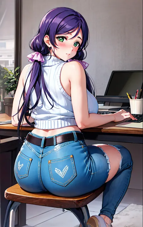 Toujo nozomi, green eyes, low twintails,ASS, SITTING, SOLO, LOOKING BACK, FROM BEHIND, DESK, THIGHS, ASS FOCUS, CHAIR, HUGE ASS, sweater, sleeveless,midriff,denim pants,belt, llchar,big breasts, outdoors, snow, (blushing:1.3)
