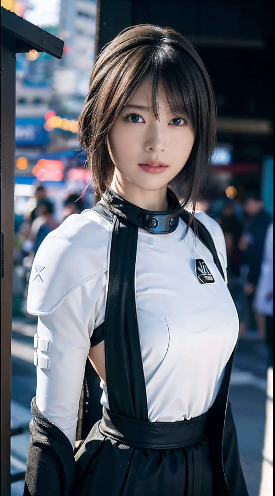 ((top-quality)), ((​masterpiece)), ((realisitic)), (detaileds), (Photorealsitic:1.5), Future Girl, (perfect body type), (White bodysuit), lights on armor, Cybernetic Headwear, Look at viewers, dynamicposes, postapocalyptic, destroyed city background, building in fire, scientific fiction, nffsw, Ray traching, NVIDIA RTX, Hyper-Resolution, Unreal 5, Sub-surface scattering, PBR Texturing, post processed, Anisotropy Filtering, depth of fields, Maximum clarity and sharpness, thirds rule、8K Raw、(Luminescent particles:1.4)、(extremely details CG、Unity 8k Wallpapers、。.。.。.。.。.3D、lighting like a movie、lensflare)、Reflectors、foco nítido、Cyberpunk Art、Cyberpunk architecture、