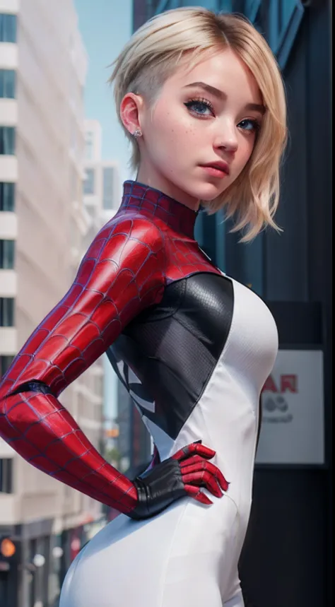 (Masterpiece), ((Best quality)), parted lip, Light_Smile, Cinematic lighting, Ultra-realistic, ((Realistic)), (Gwen_stacy), Blonde_Hair, short_Hair, Solo, side cut, asymmetrical_Hair, parted_Lips, eyebrow_Piercing, (Detailed face), Aesthetic 1 girl, 1girll...