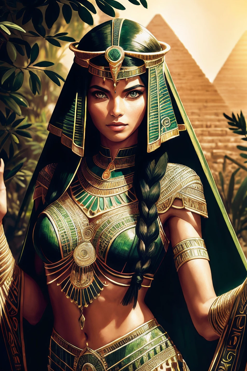 1 adult Egyptian woman, green eyes, black hair flaps, portrait, solo, upper body, looking at viewer, detailed background, detailed face,  OldEgyptAI, ancient egyptian theme,  feral jungle warrior, pink tribal clothing, obsidian, defensive stance, stone knife, bushes, poisonous plants, rocks,  humid climate, darkness, cinematic atmosphere,
dark chamber, dim light (zentangle, mandala, tangle, entangle), (golden and green tone:0.5)
(35mmstyle:1.1), front, masterpiece, 1970s film, , cinematic lighting, photorealistic, high frequency details, 35mm film, (film grain), film noise,