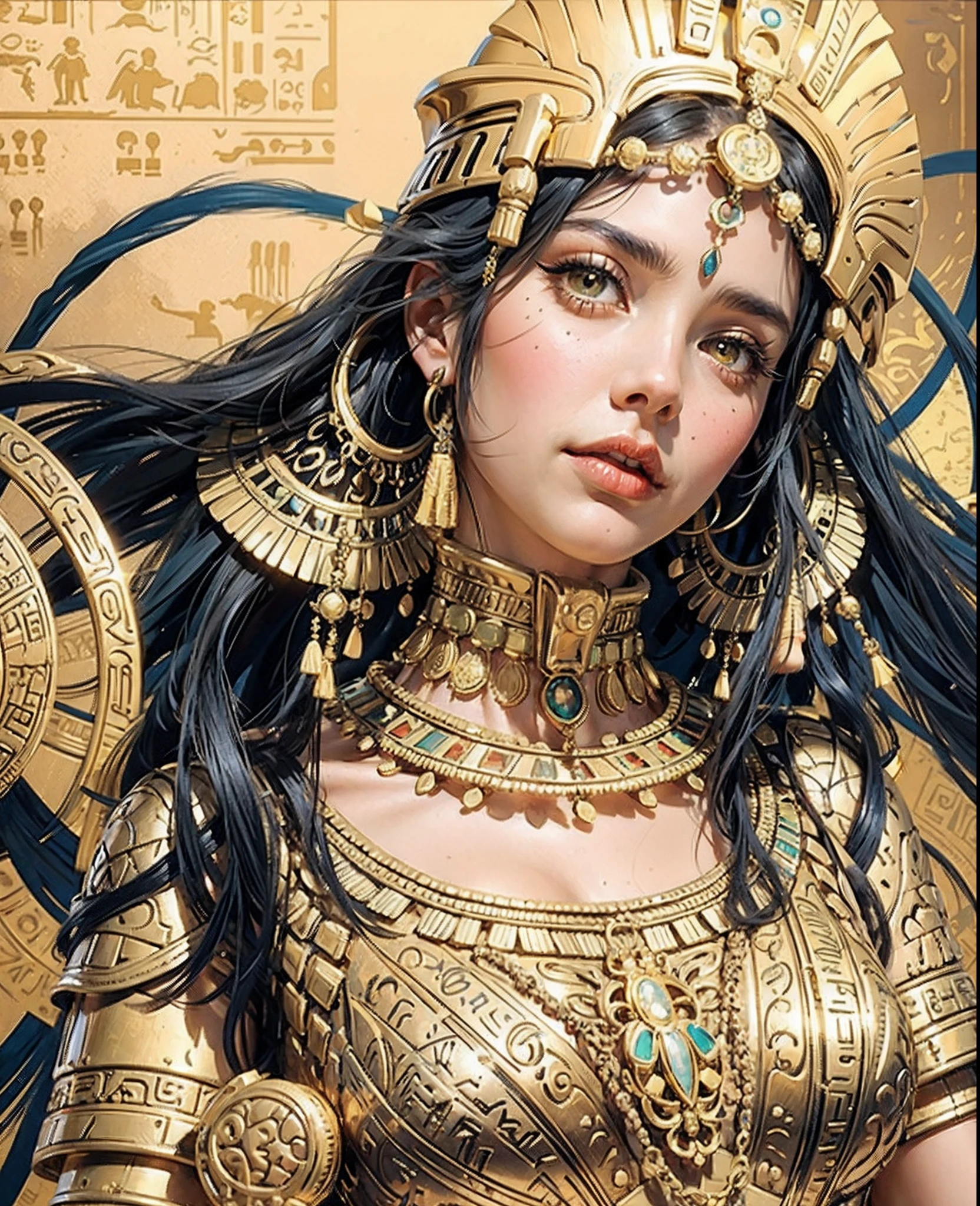 Cleopatra, full body shot of, Nice dress, Queen of the Egyptian Goddess, attractiveness, A more perfect face, Professional eye design, digitial painting, Beautiful hieroglyphs in the background, fanciful, intricately details, Actual configuration, Face card, In the style of Alan Gallagher, Abigail Larson and Anton Peake
