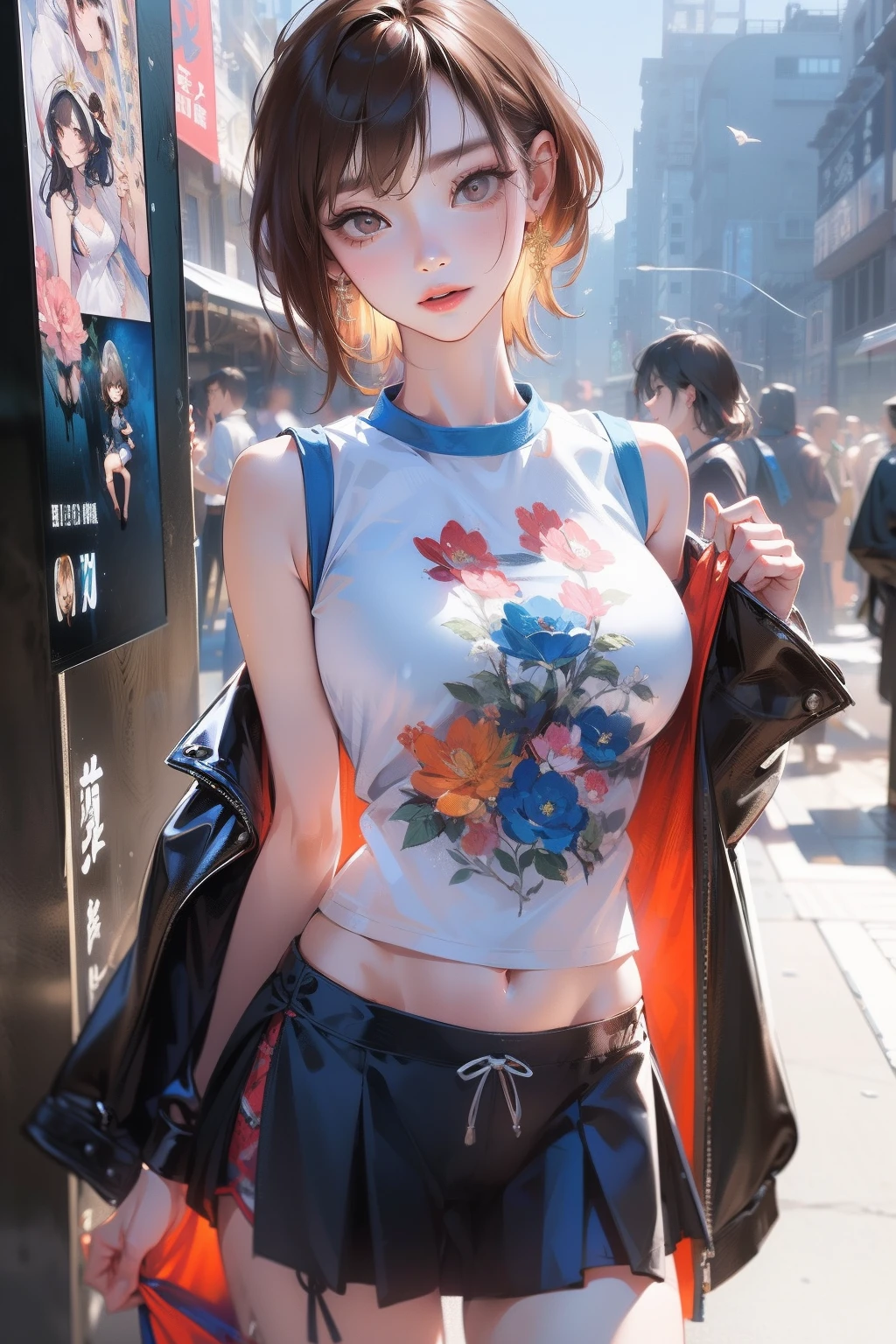 Chica anime con un top floreado y una falda de cuero en una calle de la  ciudad. - SeaArt AI