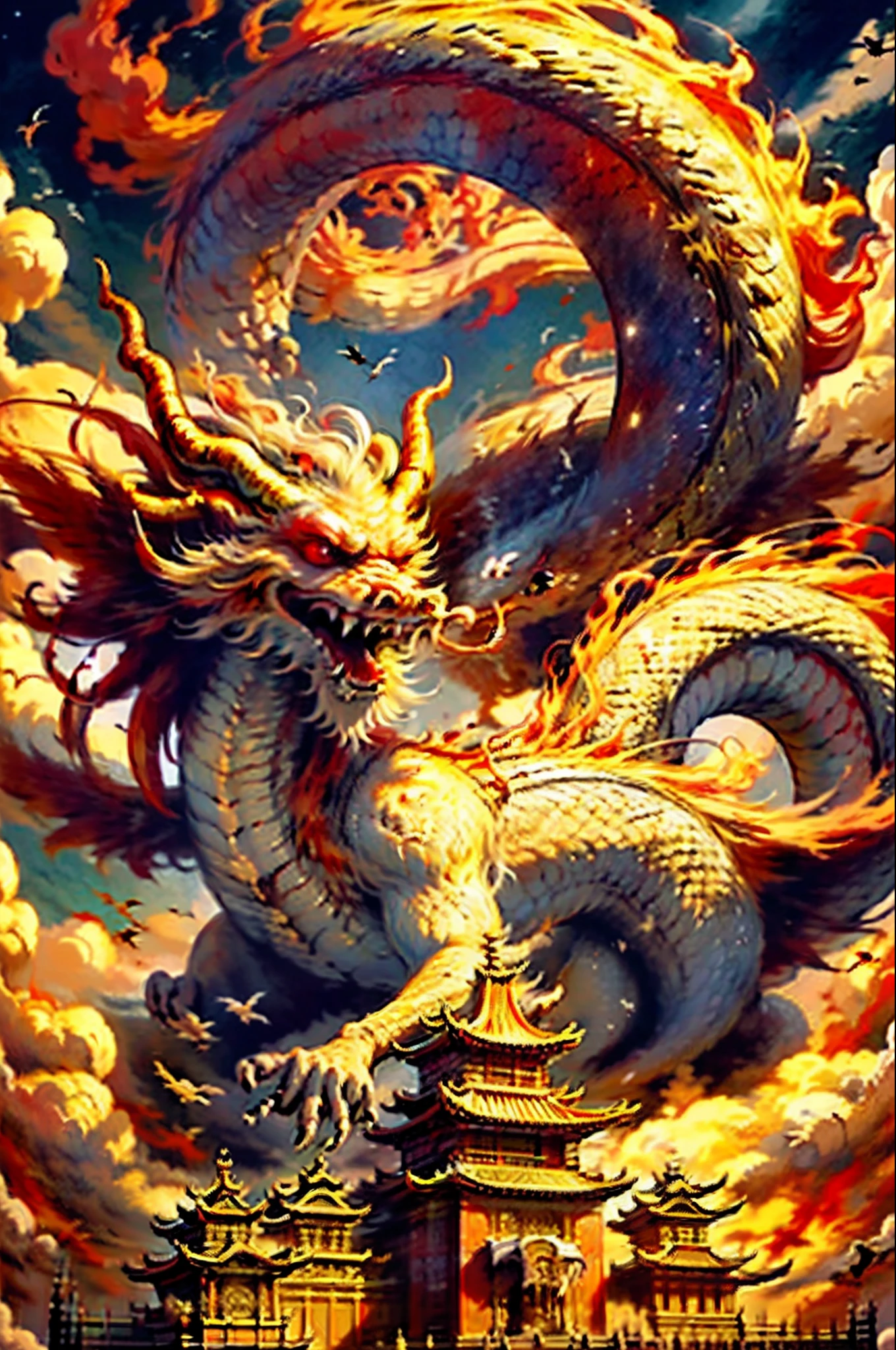 Best quality,masterpiece,ultra high res,nu no humans, (long:1.2),no humans, cloud, architecture, east asian architecture, red eyes, horns, open mouth, sky, fangs, eastern dragon, cloudy sky, teeth, flying, fire, bird, wings