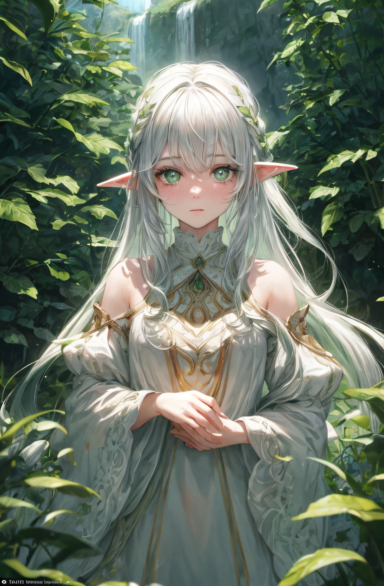 Masterpiece, Excellent painting, illustartion, 1 girl, Cute, (dynamic light: 1.2), cinematiclight, delicate facial features, (Beautiful eyes: 1.2), (bright green eyes: 1.233), Waterfall Hair, very long white hair, elf ears, Depth of field, Background bokeh, Clear Focus, (Super detailed, Halo, Glow: 1.4), Long white hair, Beautiful girly face, Fair, medium, (bare shoulders: 1.1), (: 1.1), Dress, finished in white, Gentle gorgeous, (Split sleeves, wide sleeves), leafy green hairpin