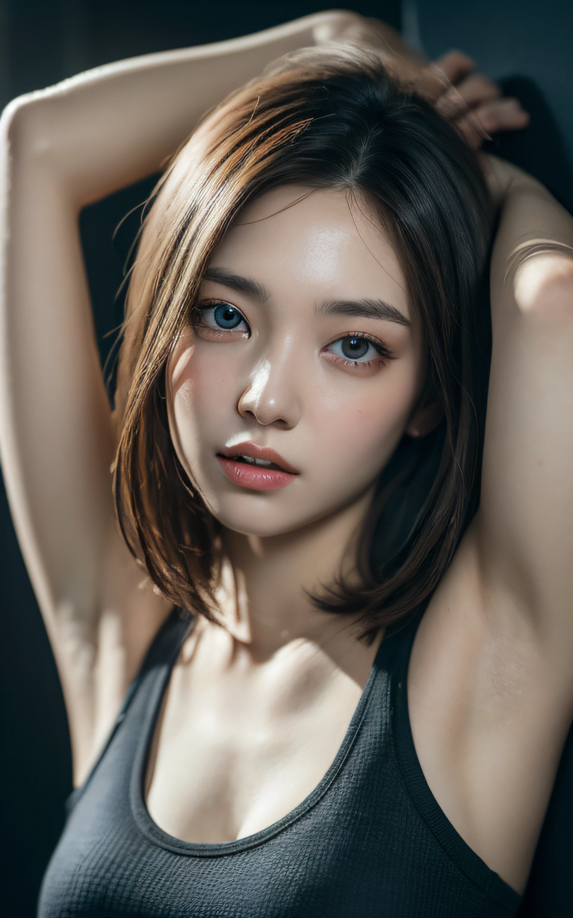 Highly detailed CG Unity 8k wallpaper, top quality, super detailed, masterpiece, realistic, photo realistic, very detailed cute girl, 2, round eyes, viewer,  blush, parted lips, upper body , armpit , short hair , tanktop