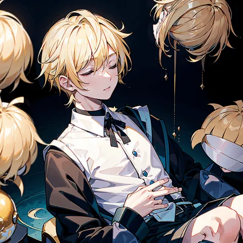 a blond boy with his head hanging low，stroke his neck，keep your eyes closed