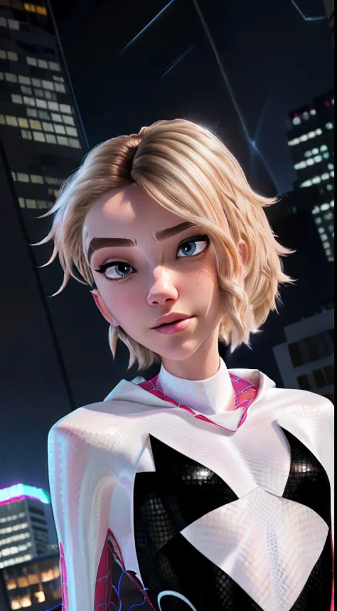 (Masterpiece), ((Best quality)), parted lip, Light_Smile, Cinematic lighting, Ultra-realistic, ((Realistic)), (gwen stacy), Blonde_Hair, short_Hair, Solo, side cut, asymmetrical_Hair, parted_Lips, eyebrow_Piercing, (Detailed face), Aesthetics 1 girl, Look ...