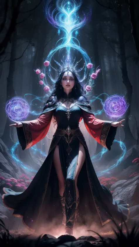 A powerful wizard, standing in a mystical forest. Their flowing robes adorned with symbols, arms outstretched, eyes sparkling with arcane energy. As their incantation escapes their lips, vibrant, swirling patterns of dark magic manifest in the air, pulsati...