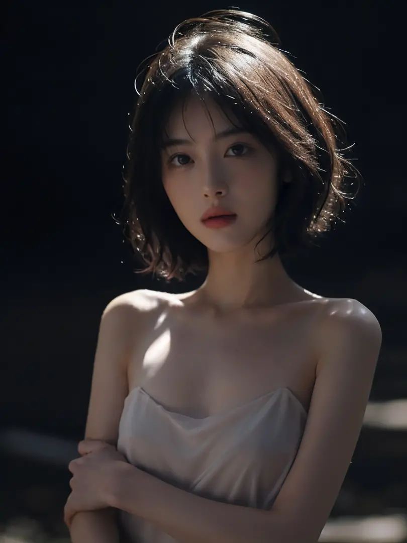 best qualtiy， tmasterpiece， 超高分辨率， （realisticlying：1.5）， RAW photogr， 1girll， Beautiful and detailed nudity， in the darkness nigth， deep shading， low tune， cold light， Sexy look， short detailed hair