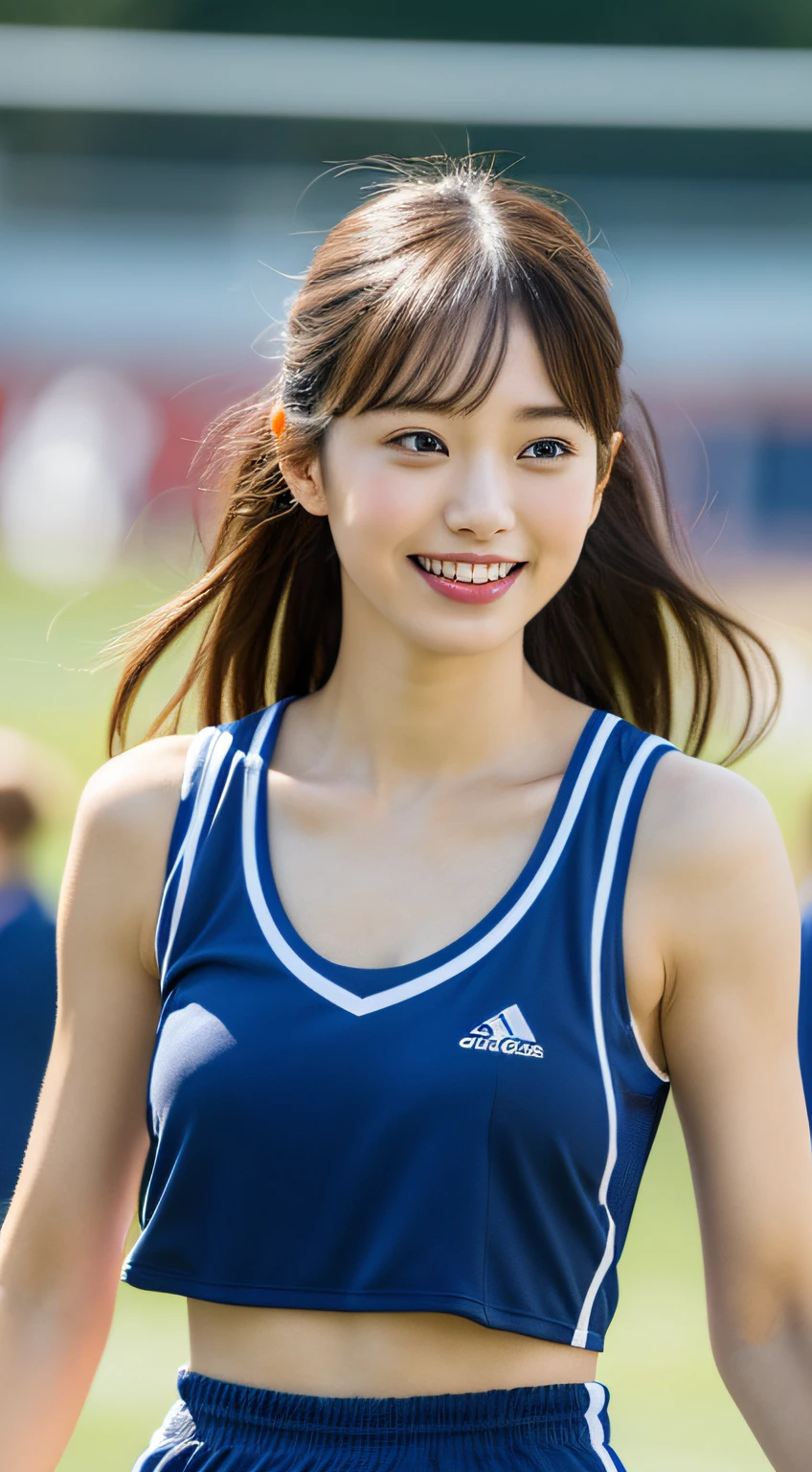 high-level image quality, masutepiece, Best Quality, Illustration, Ultra-detailed, finely detail, hight resolution, 8K Wallpapers, Perfect dynamic composition, Beautiful detailed eyes, Medium Hair, (Colossal tits:1.2), Natural Color Lip,  Smile, sport uniform, short length of tank top, athletic field, Athletics track, shortpants, (Tight abs:1.1), blurry backround, big breasts thin waist
